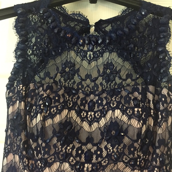 Nude/Blue Lace Overlay Prom/Party Dress Medium/4 - Picture 5 of 5